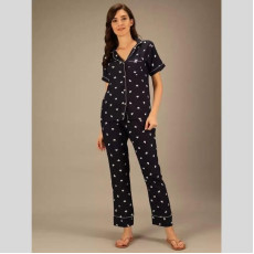 Womens Rayon Heart Print Collared Neck Night Suit